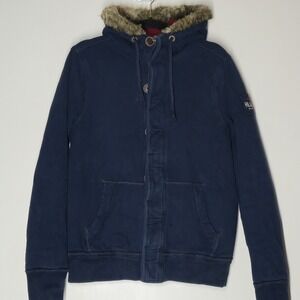 Vintage Hollister Hoodie Womens M Blue Faux Fur Lined Zip Prep Y2K Button